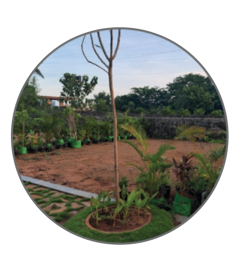 Fully-landscaped with potted plants & trees in each plot